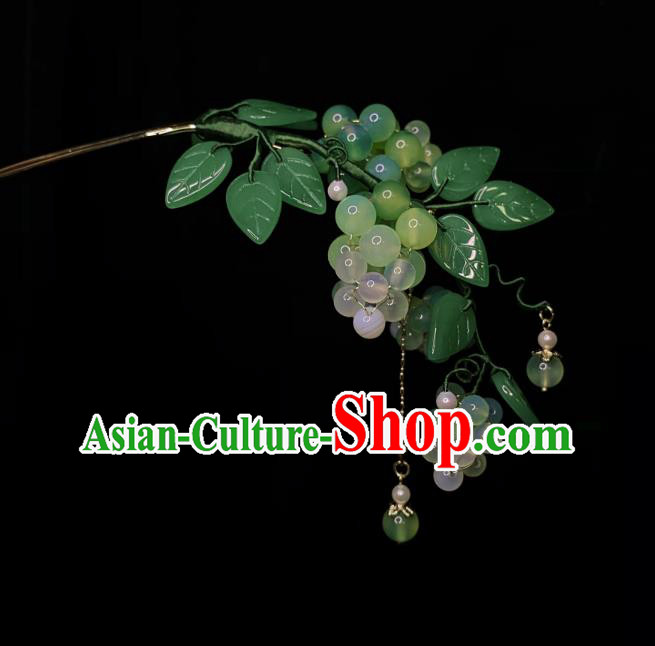 Chinese Handmade Hanfu Green Beads Tassel Hairpin Traditional Ming Dynasty Princess Grape Hair Stick