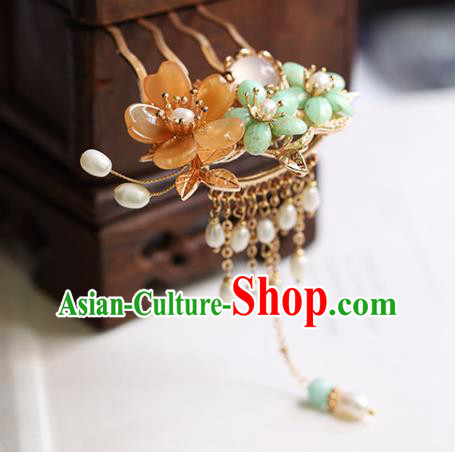 Chinese Handmade Plum Blossom Hair Comb Traditional Ming Dynasty Princess Pearls Tassel Hairpin