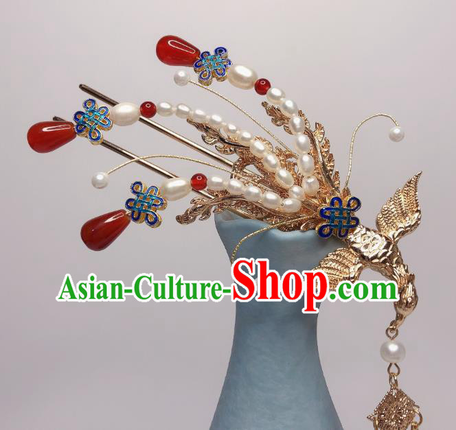 Chinese Handmade Golden Phoenix Hairpin Traditional Ming Dynasty Empress Pearls Hair Stick