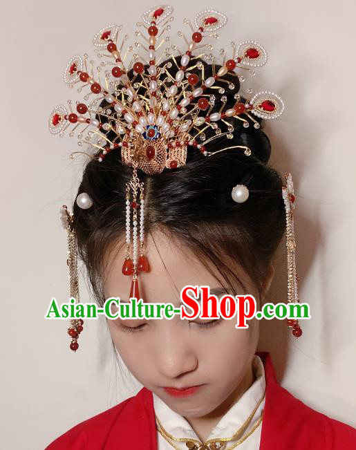 Chinese Handmade Phoenix Coronet Traditional Ming Dynasty Wedding Pearls Hair Crown