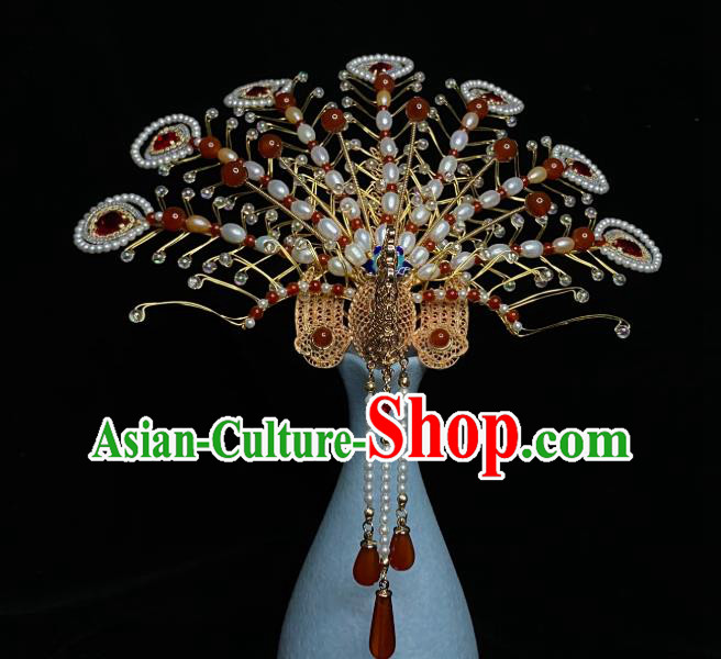 Chinese Handmade Phoenix Coronet Traditional Ming Dynasty Wedding Pearls Hair Crown