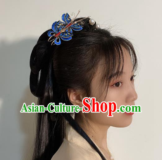 Chinese Handmade Blue Butterfly Hair Claw Traditional Ming Dynasty Princess Hairpin