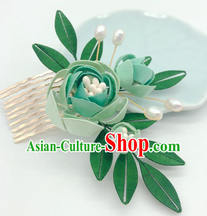 Chinese Traditional Ming Dynasty Princess Hair Stick Handmade Green Rose Hair Comb