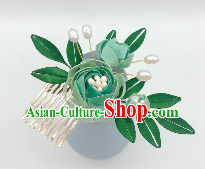 Chinese Traditional Ming Dynasty Princess Hair Stick Handmade Green Rose Hair Comb