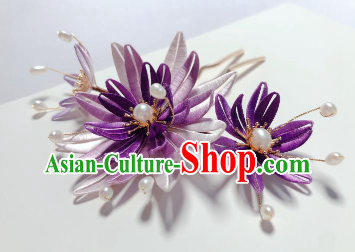 Chinese Traditional Qing Dynasty Palace Lady Hair Stick Handmade Purple Silk Epiphyllum Hairpin