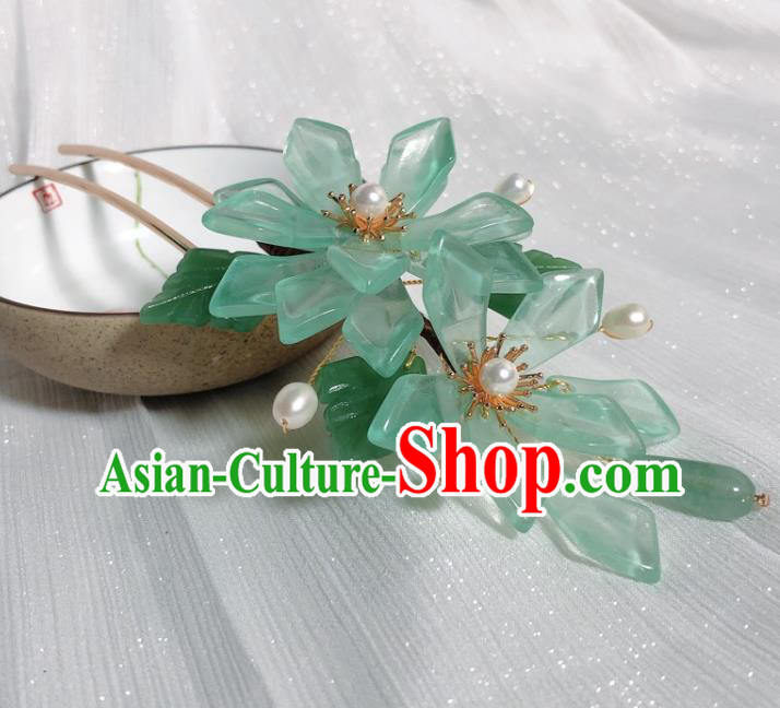 Chinese Handmade Green Mangnolia Hairpin Traditional Ming Dynasty Pearls Hair Clip