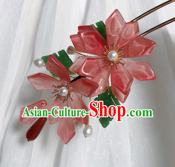 Chinese Handmade Red Mangnolia Hairpin Traditional Ming Dynasty Palace Lady Hair Stick