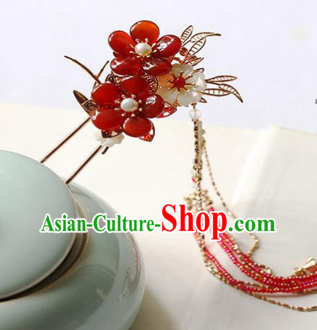 Chinese Handmade Plum Blossom Hair Stick Traditional Ming Dynasty Princess Red Beads Tassel Hairpin