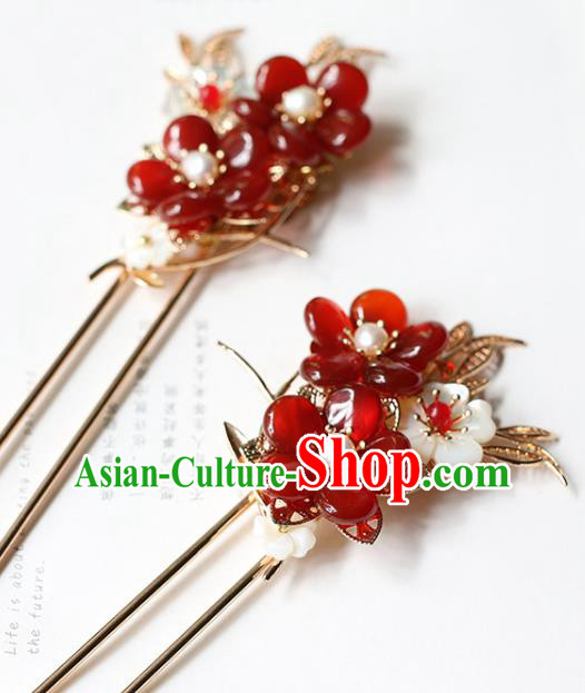 Chinese Handmade Plum Blossom Hair Stick Traditional Ming Dynasty Princess Red Beads Tassel Hairpin