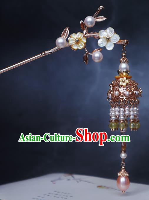 Chinese Handmade Shell Plum Blossom Hair Stick Traditional Ming Dynasty Princess Pearls Tassel Hairpin