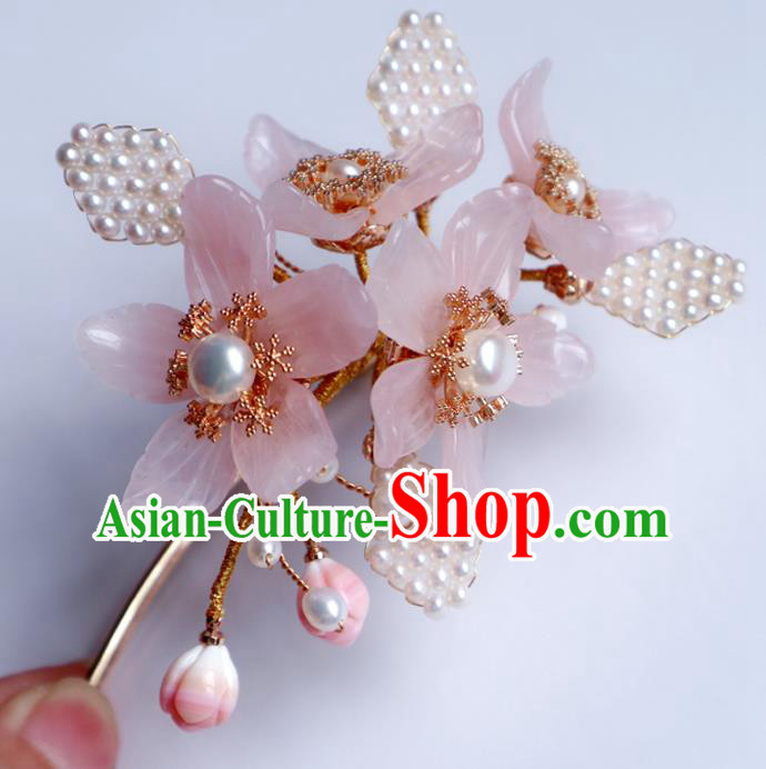 Chinese Handmade Pearls Hair Stick Traditional Ming Dynasty Princess Pink Mangnolia Hairpin