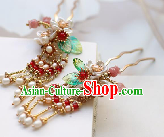 Chinese Handmade Pearls Tassel Hair Comb Traditional Ming Dynasty Princess Shell Flowers Hairpin