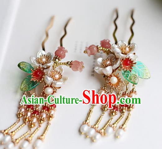 Chinese Handmade Pearls Tassel Hair Comb Traditional Ming Dynasty Princess Shell Flowers Hairpin
