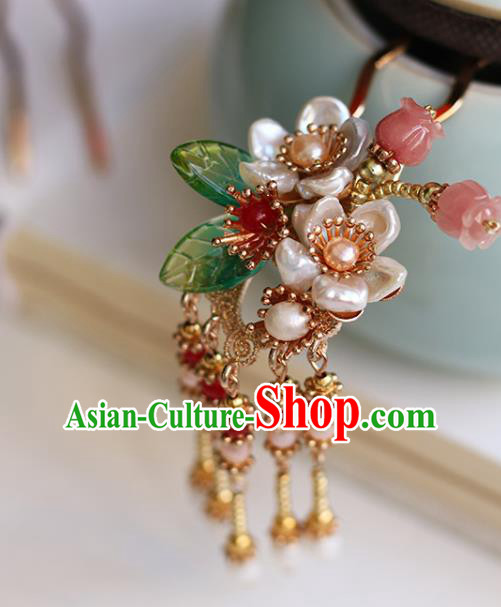 Chinese Handmade Pearls Tassel Hair Comb Traditional Ming Dynasty Princess Shell Flowers Hairpin