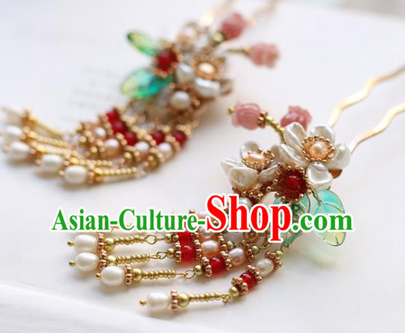 Chinese Handmade Pearls Tassel Hair Comb Traditional Ming Dynasty Princess Shell Flowers Hairpin