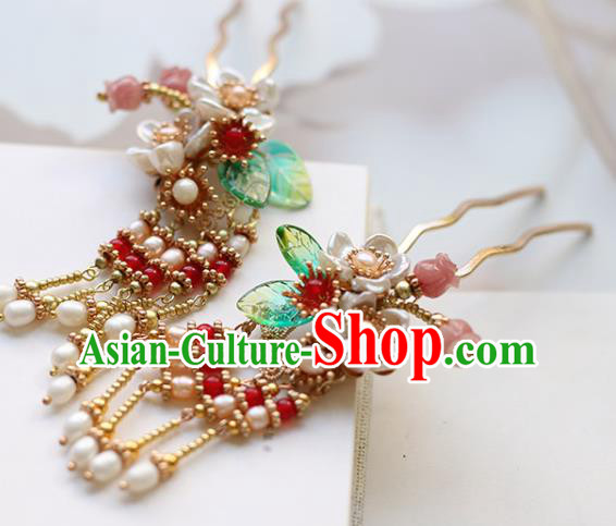 Chinese Handmade Pearls Tassel Hair Comb Traditional Ming Dynasty Princess Shell Flowers Hairpin