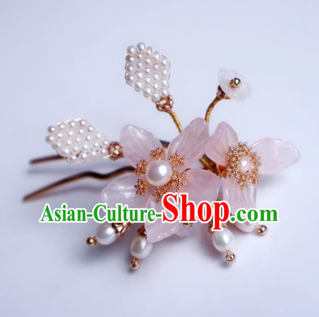 Chinese Handmade Pearls Hair Stick Traditional Ming Dynasty Princess Pink Mangnolia Hairpin