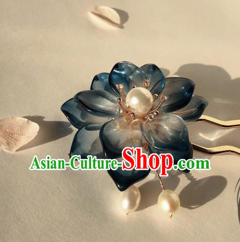 Chinese Handmade Pearls Hairpin Traditional Ming Dynasty Palace Lady Navy Lotus Hair Stick