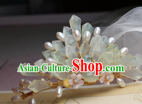 Chinese Handmade Pearls Hairpin Traditional Ming Dynasty Palace Lady Hair Crown