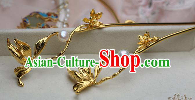 Chinese Handmade Pearls Hairpin Traditional Ming Dynasty Golden Orchid Hair Stick