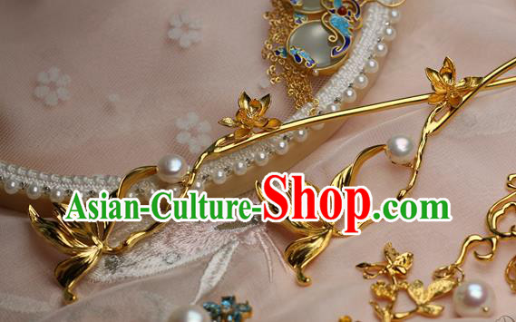 Chinese Handmade Pearls Hairpin Traditional Ming Dynasty Golden Orchid Hair Stick