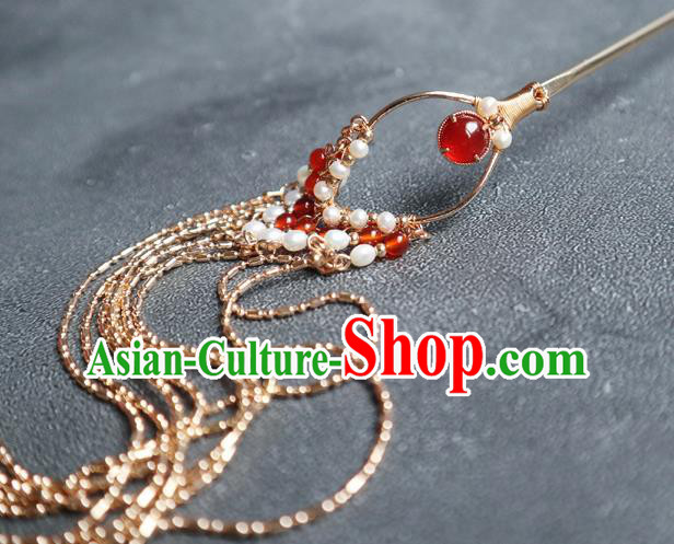 Chinese Handmade Golden Long Tassel Hair Stick Traditional Ming Dynasty Hairpin Accessories