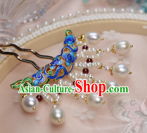 Chinese Handmade Qing Dynasty Blueing Hairpin Traditional Ancient Imperial Consort Pearls Tassel Hair Stick