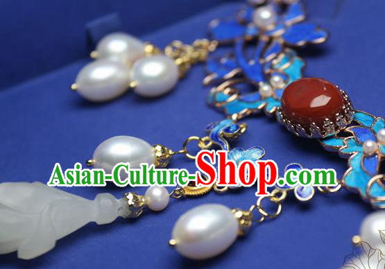 China Traditional Ming Dynasty Jade Mangnolia Tassel Necklet Accessories Handmade Hanfu Blueing Necklace