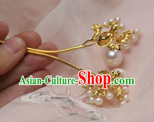 Chinese Handmade Tang Dynasty Golden Hairpin Traditional Ancient Princess Pearls Hair Stick Headpiece