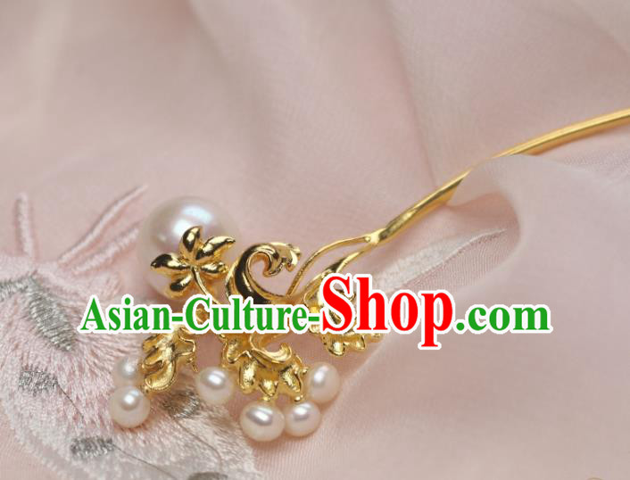 Chinese Handmade Tang Dynasty Golden Hairpin Traditional Ancient Princess Pearls Hair Stick Headpiece