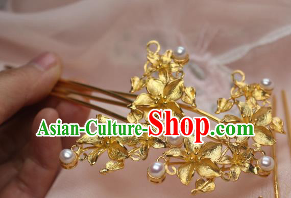 Chinese Traditional Ancient Princess Hair Stick Headpiece Handmade Tang Dynasty Golden Peach Flowers Hairpin
