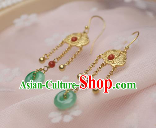 China Traditional Qing Dynasty Imperial Consort Jade Peace Buckle Earrings Ancient Empress Golden Ear Jewelry