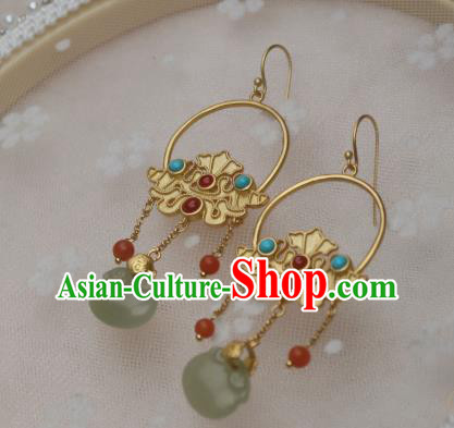 China Traditional Cheongsam Golden Earrings Ancient Princess Jade Agate Ear Jewelry