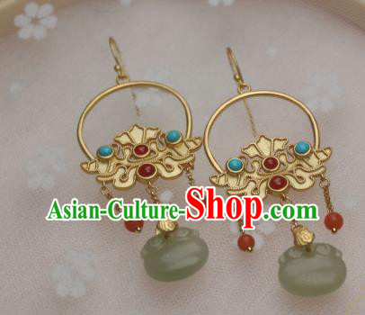 China Traditional Cheongsam Golden Earrings Ancient Princess Jade Agate Ear Jewelry