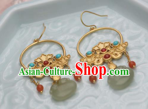 China Traditional Cheongsam Golden Earrings Ancient Princess Jade Agate Ear Jewelry