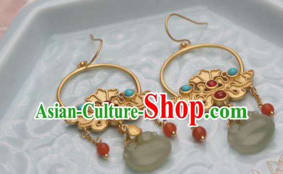China Traditional Cheongsam Golden Earrings Ancient Princess Jade Agate Ear Jewelry
