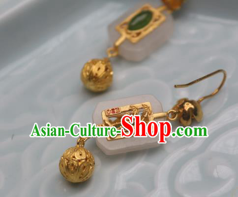 China Traditional Cheongsam White Jade Earrings Ancient Princess Golden Ear Jewelry