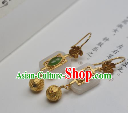 China Traditional Cheongsam White Jade Earrings Ancient Princess Golden Ear Jewelry