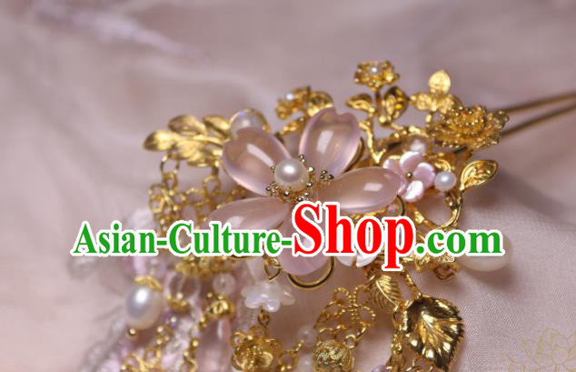 Chinese Handmade Pink Sakura Hairpin Traditional Ancient Princess Moonstone Hair Stick Headwear