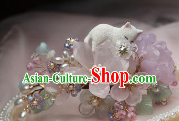 Chinese Handmade Rose Quartz Hairpin Traditional Ancient Princess Sakura Hair Stick