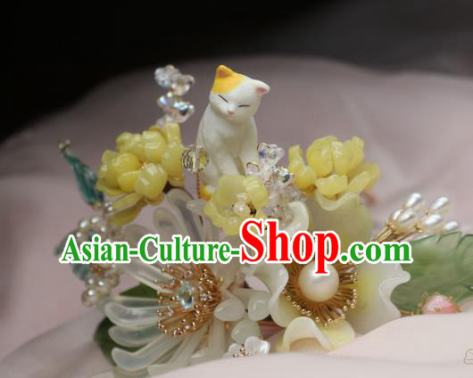 Chinese Handmade Cat Hairpin Traditional Ancient Princess Chrysanthemum Hair Stick Headpiece