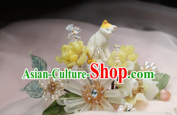 Chinese Handmade Cat Hairpin Traditional Ancient Princess Chrysanthemum Hair Stick Headpiece