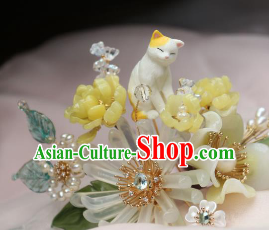 Chinese Handmade Cat Hairpin Traditional Ancient Princess Chrysanthemum Hair Stick Headpiece