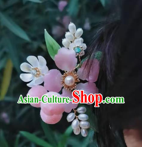 Chinese Handmade Peach Flower Hairpin Traditional Ancient Princess Pearls Hair Stick