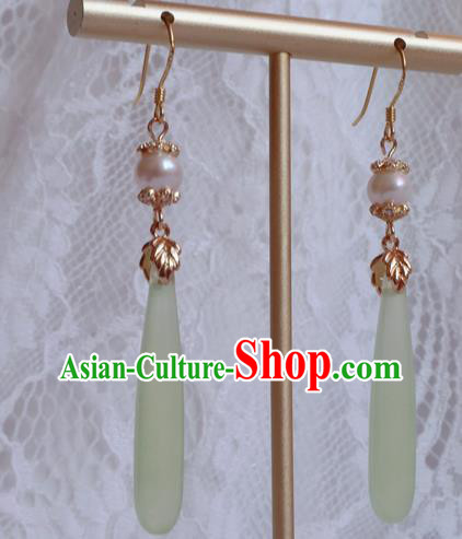 China Traditional Hanfu Green Earrings Ancient Ming Dynasty Princess Pearl Eardrop Jewelry
