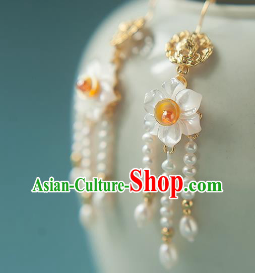 China Traditional Hanfu Pearls Tassel Earrings Ancient Ming Dynasty Princess Shell Daffodil Ear Jewelry