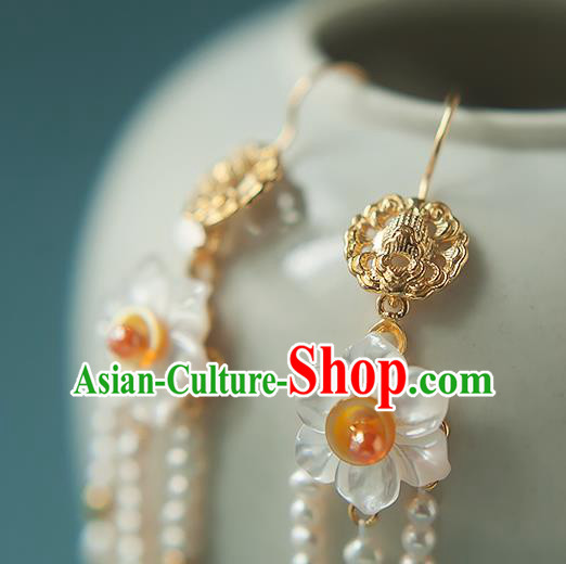China Traditional Hanfu Pearls Tassel Earrings Ancient Ming Dynasty Princess Shell Daffodil Ear Jewelry