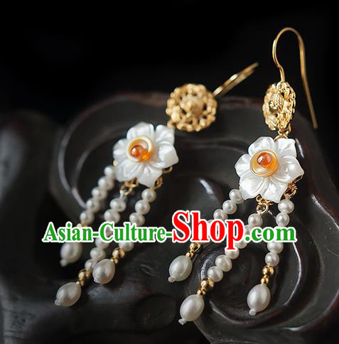 China Traditional Hanfu Pearls Tassel Earrings Ancient Ming Dynasty Princess Shell Daffodil Ear Jewelry