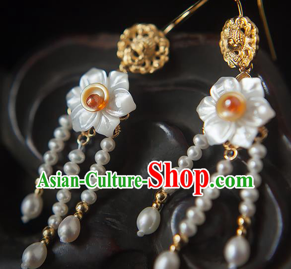 China Traditional Hanfu Pearls Tassel Earrings Ancient Ming Dynasty Princess Shell Daffodil Ear Jewelry