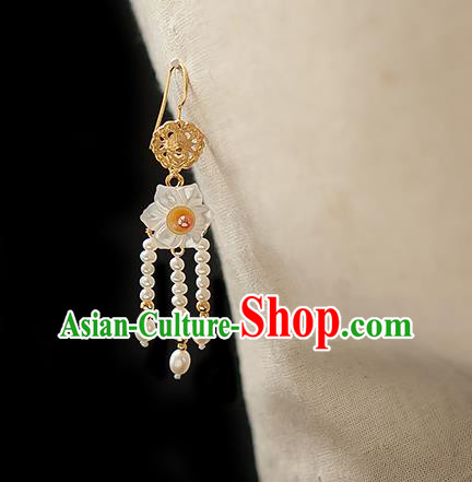 China Traditional Hanfu Pearls Tassel Earrings Ancient Ming Dynasty Princess Shell Daffodil Ear Jewelry